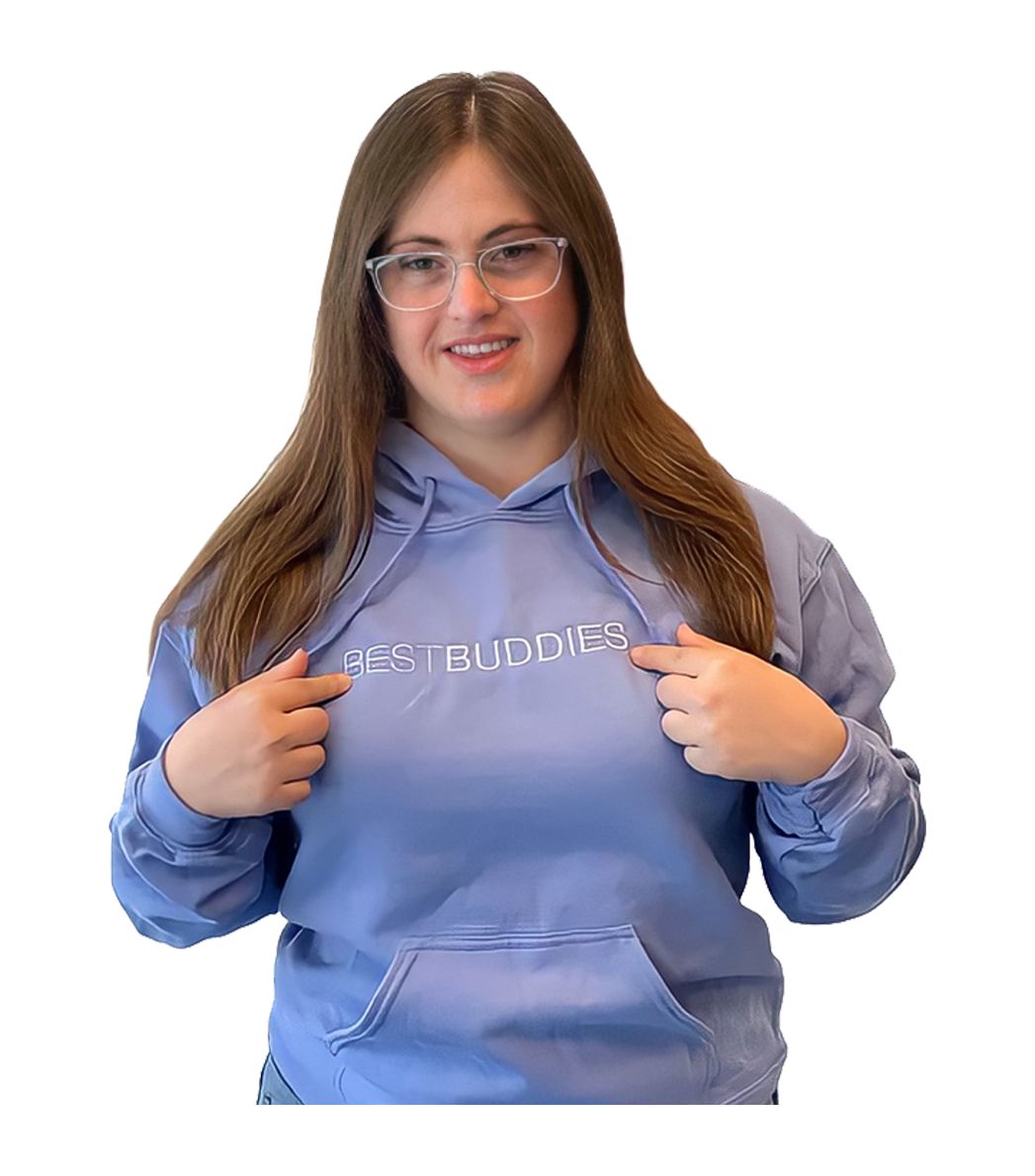 A female Best Buddies Participant is wearing a lavender hooded sweatshirt.