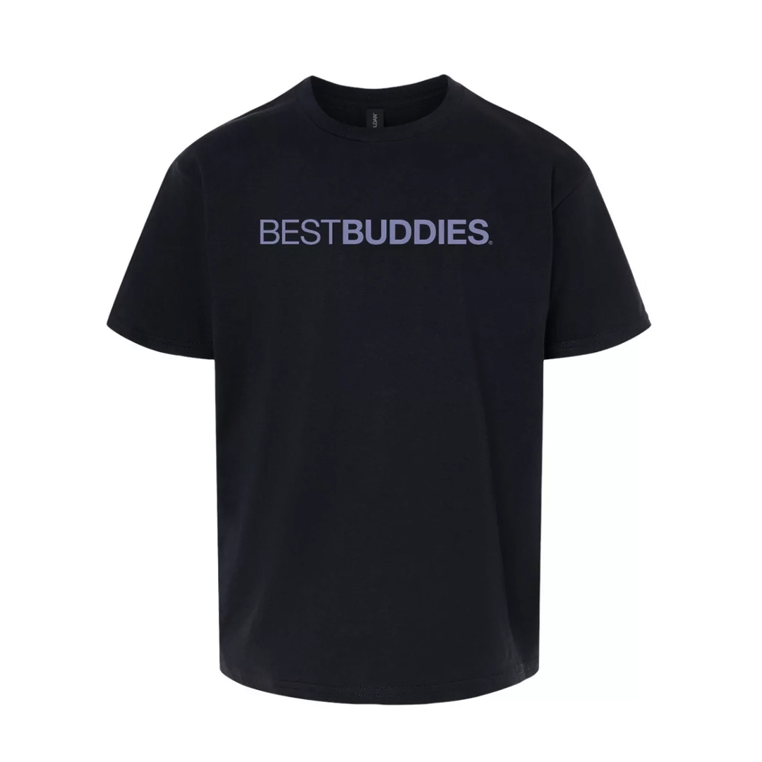 Best Buddies Youth Black T-Shirt with the Best Buddies purple typeface logo on front.