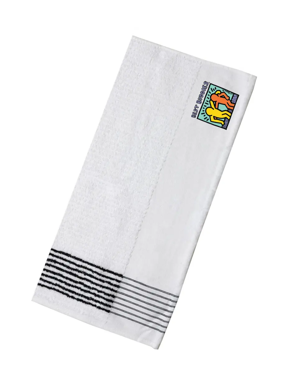 Best Buddies golf caddy towel. White with black stripes on the end and the Haring logo on the other side.